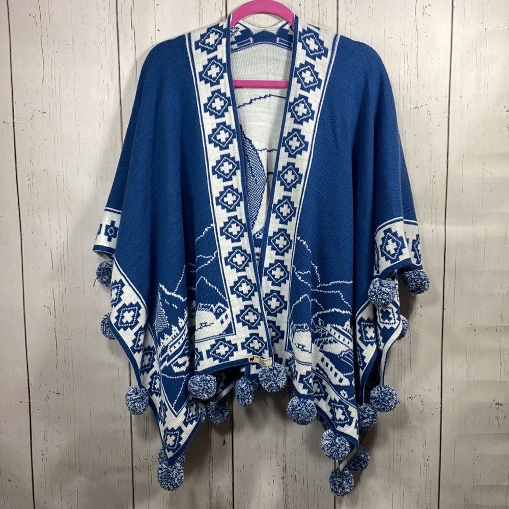 Peruvian Alpaca Collection Blue White Reversible Knit Poncho Cape Tassel Pom Pom